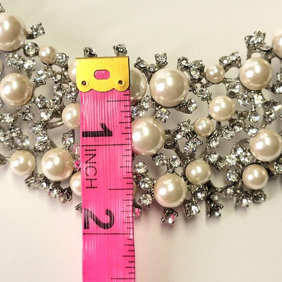 Vintage Statement Faux Pearl and Crystal Bib Necklace with Crystal Earrings - Picture 10 of 16